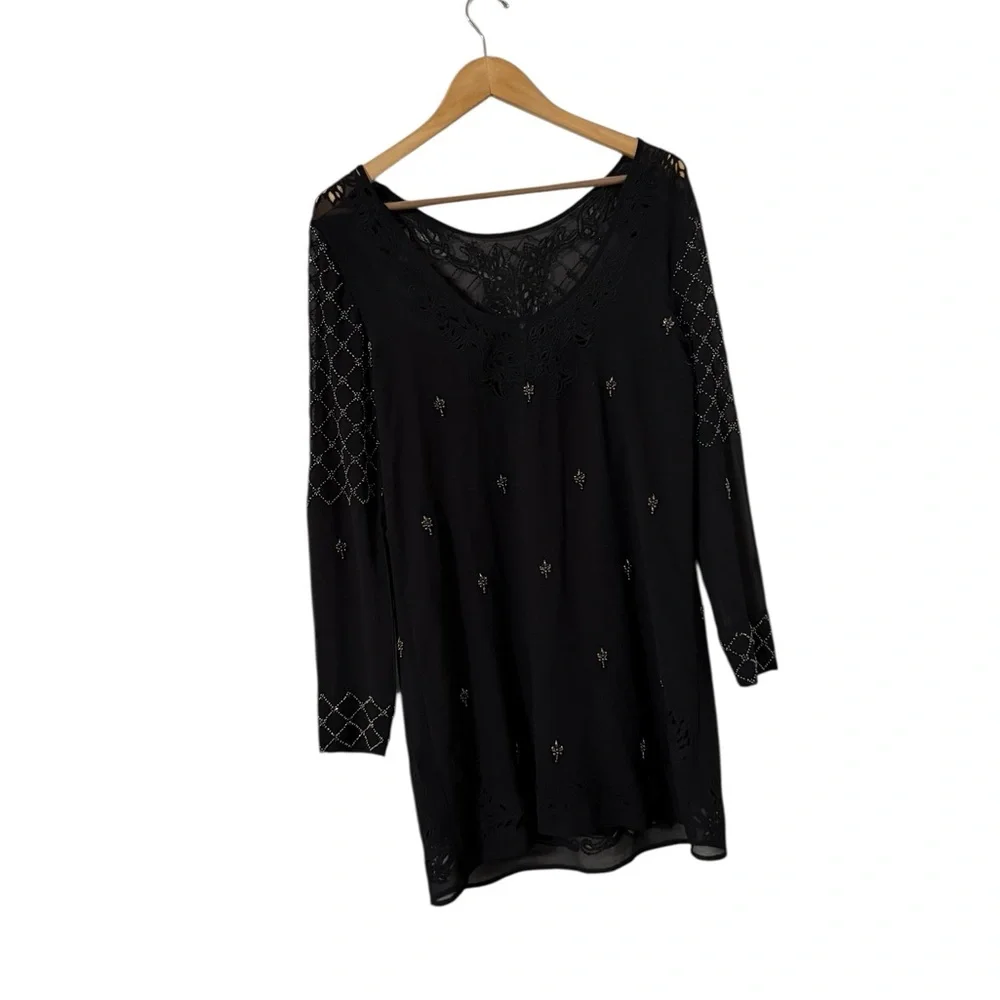 FREE PEOPLE Unchain My Heart Beaded Embroidered Black Long Sleeve Mini Dress
